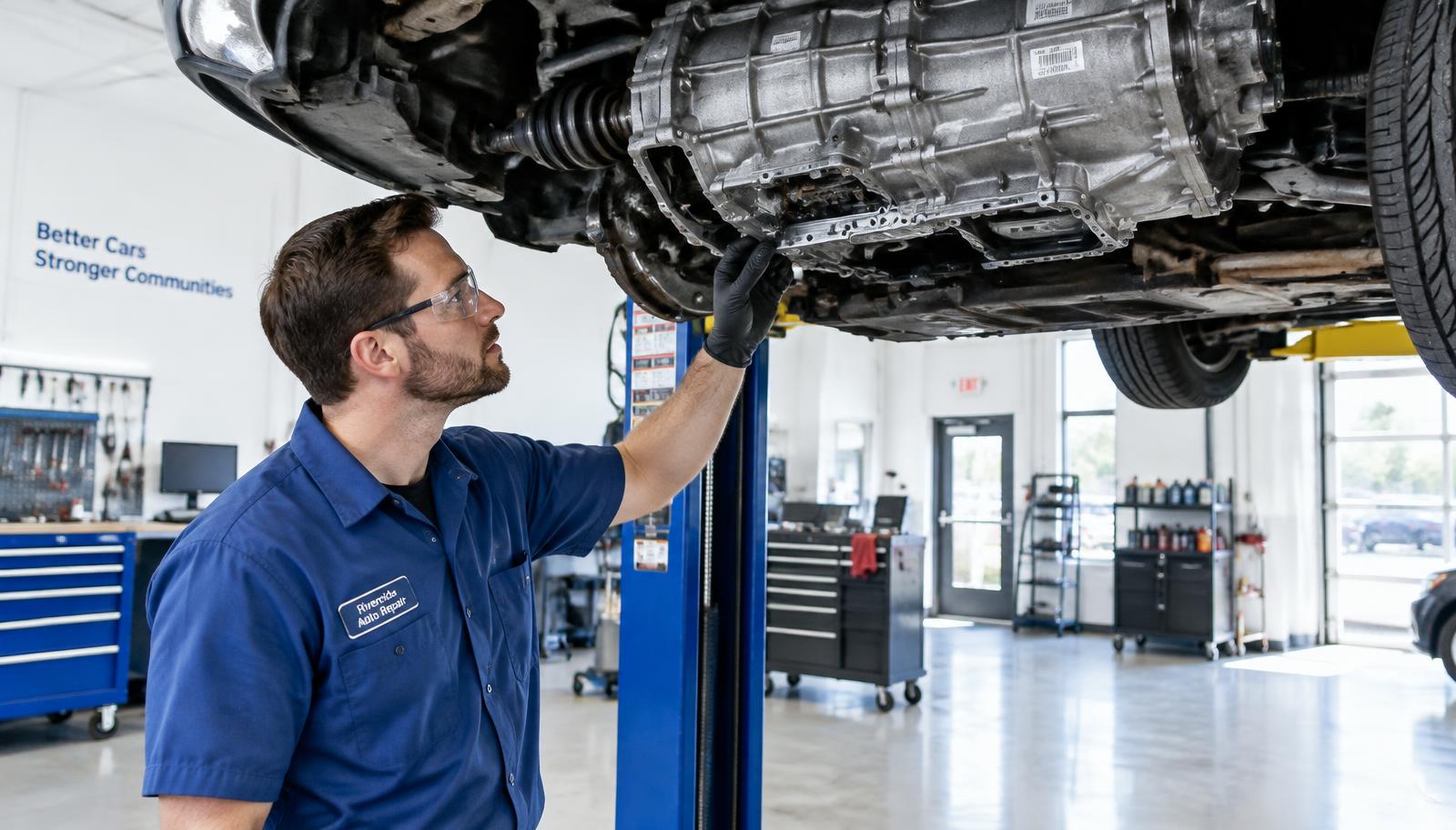 Technician inspecting a transmission